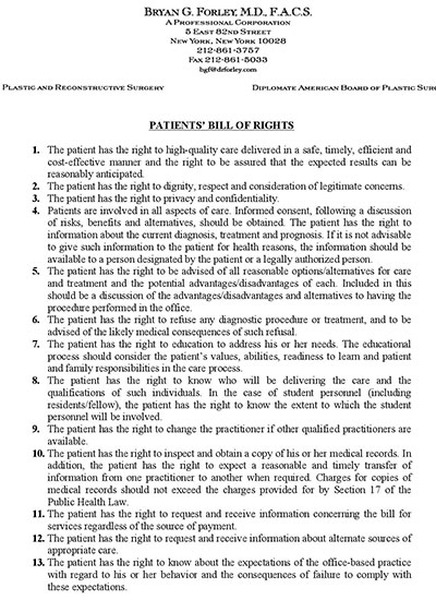 Patient Document: Bryan G. Forley, M.D., F.A.C.S - Patients' bill of rights